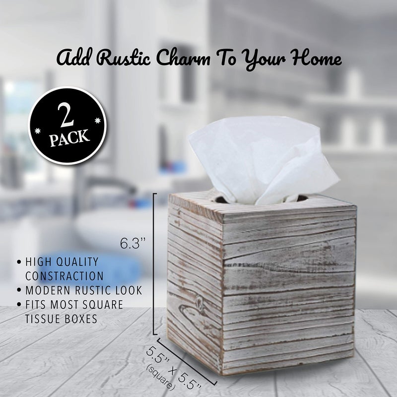 Khnum White Barnwood Tissue Box Cover: 2 Pack Tissue Box Holder Includes Slide-Out Bottom Panel, Stylish Tissue Box Cover Square Perfect for Farmhouse Bathroom Decor - Image 2